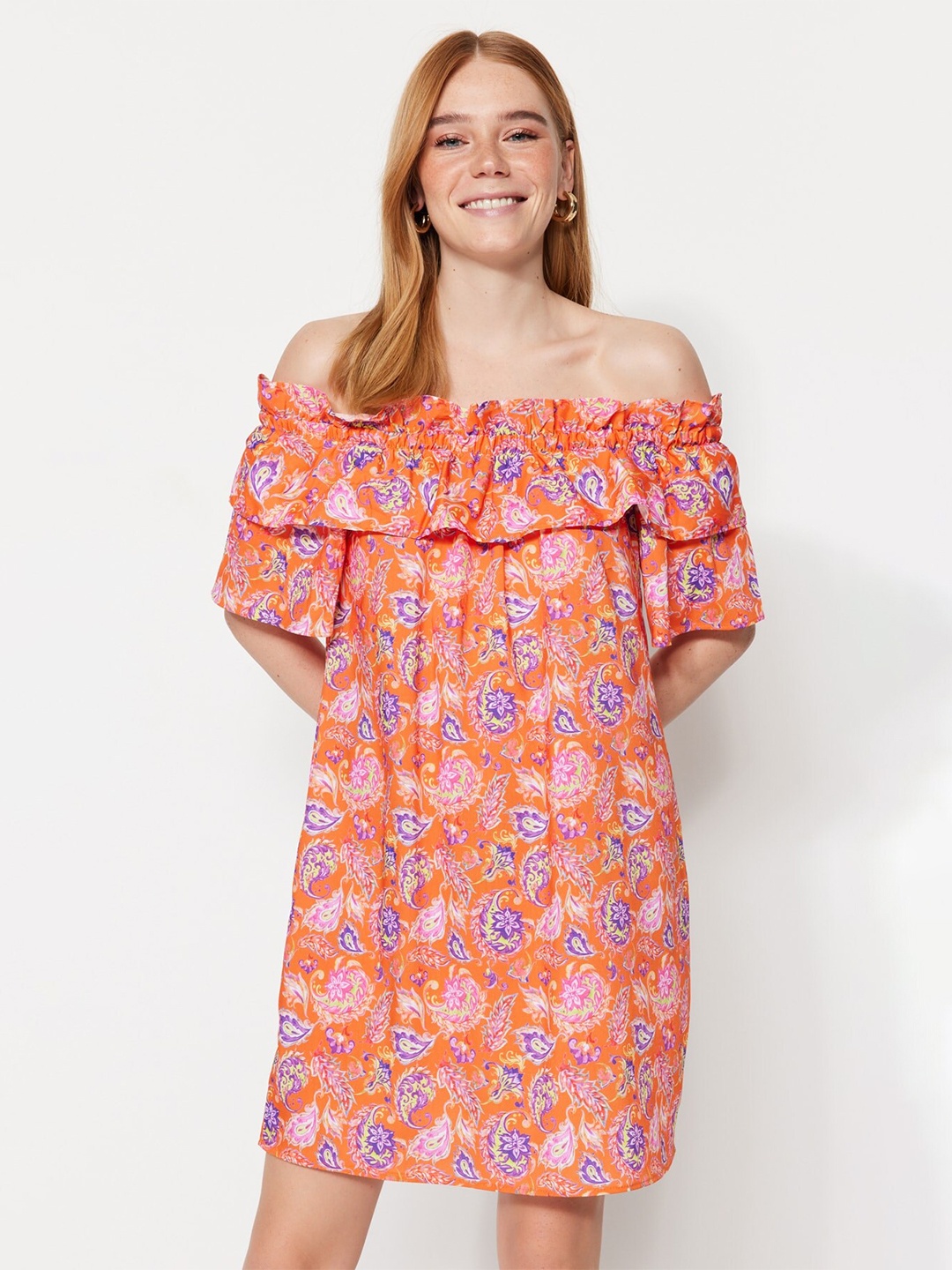 

Trendyol Floral Printed Off-Shoulder A-Line Dress, Orange