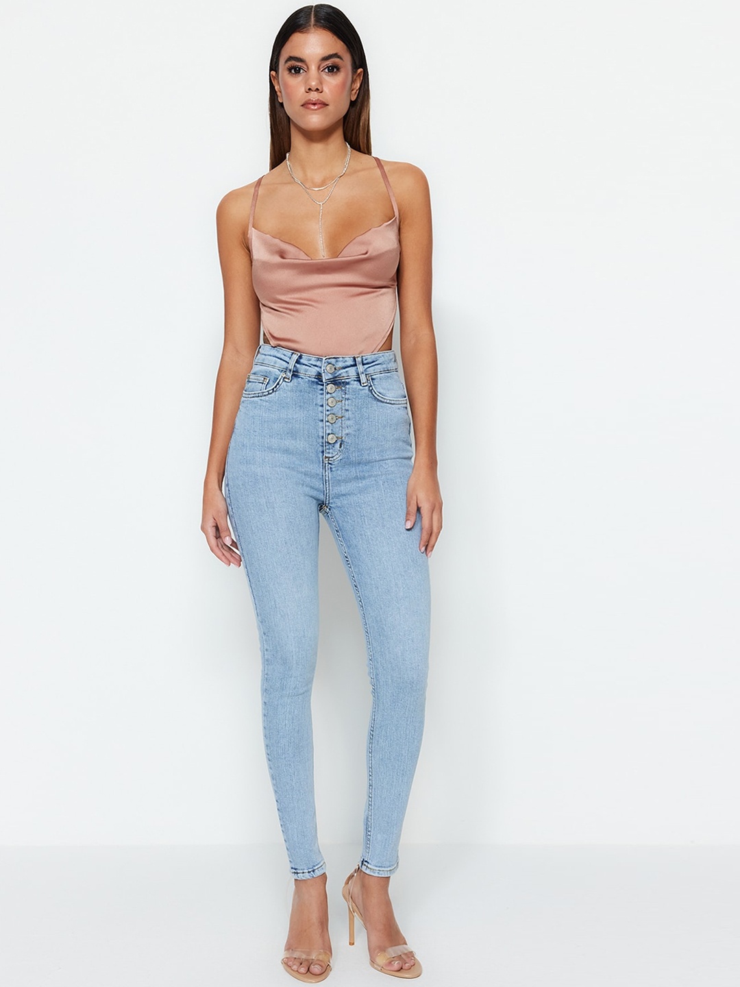 

Trendyol Women High-Rise Clean Look Skinny Fit Light Fade Jeans, Blue