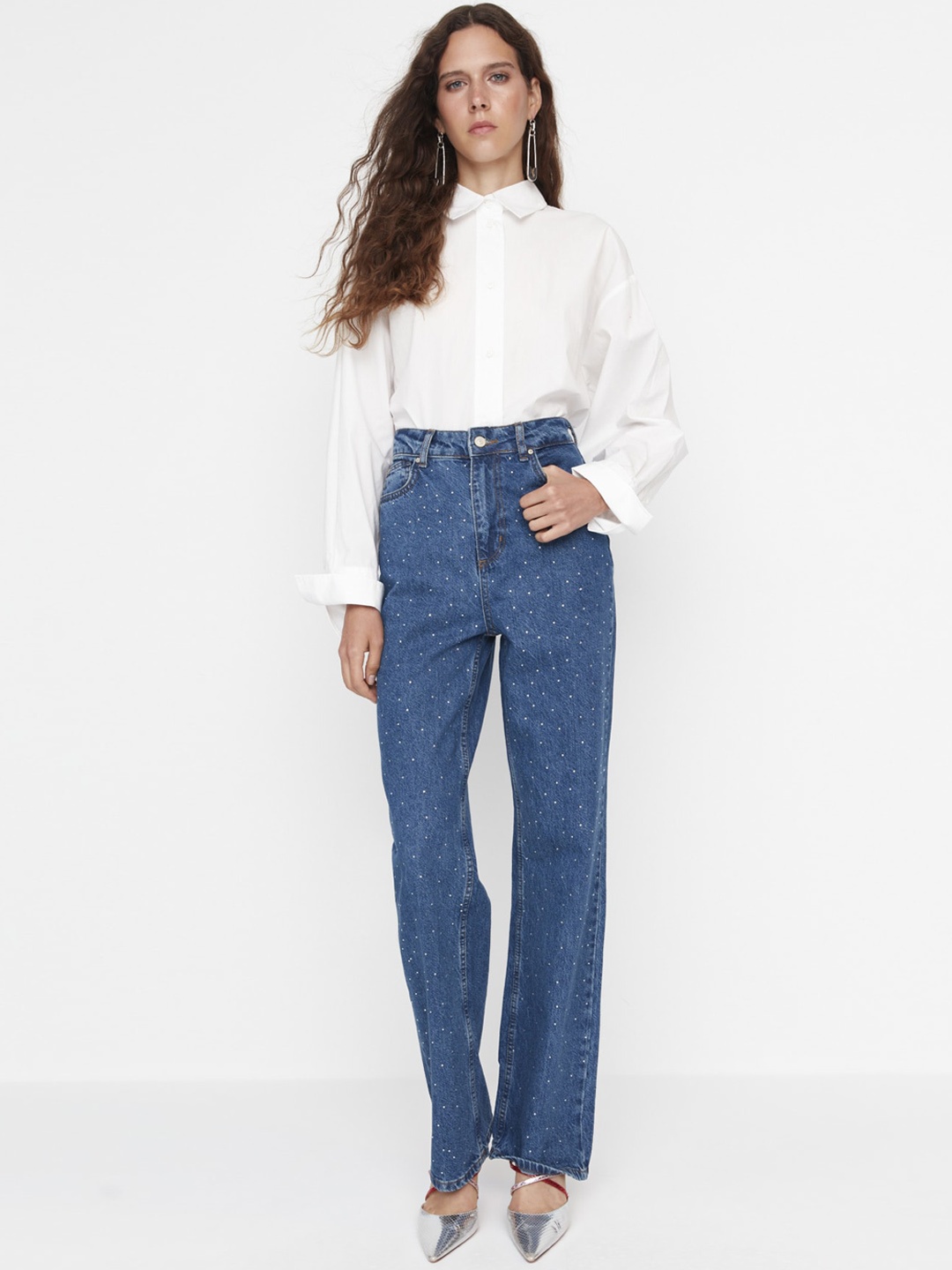 

Trendyol Women Mid-Rise Light Fade Printed Casual Pure Cotton Jeans, Blue