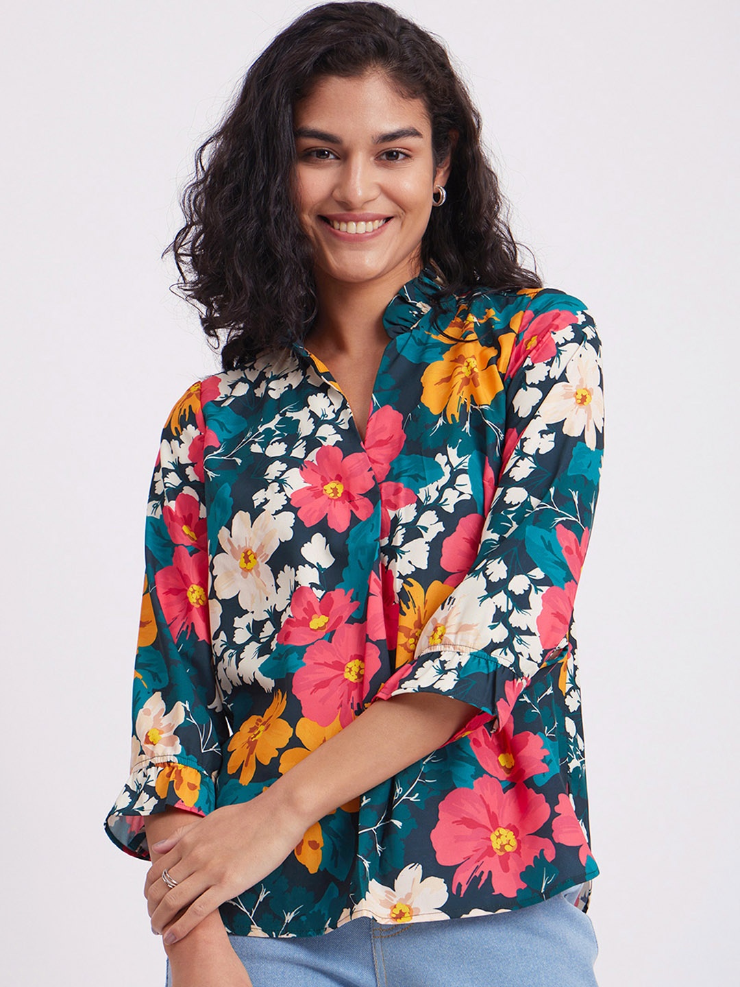 

FableStreet Floral Printed Mandarin Collar Ruffled Top, Teal