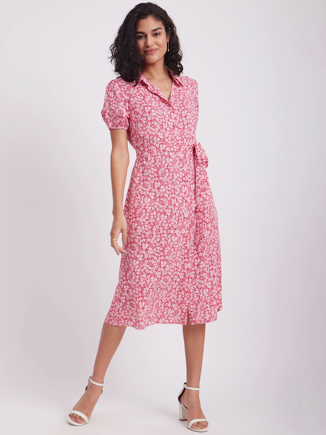 

FableStreet Red Floral Print Puff Sleeve Shirt Midi Dress