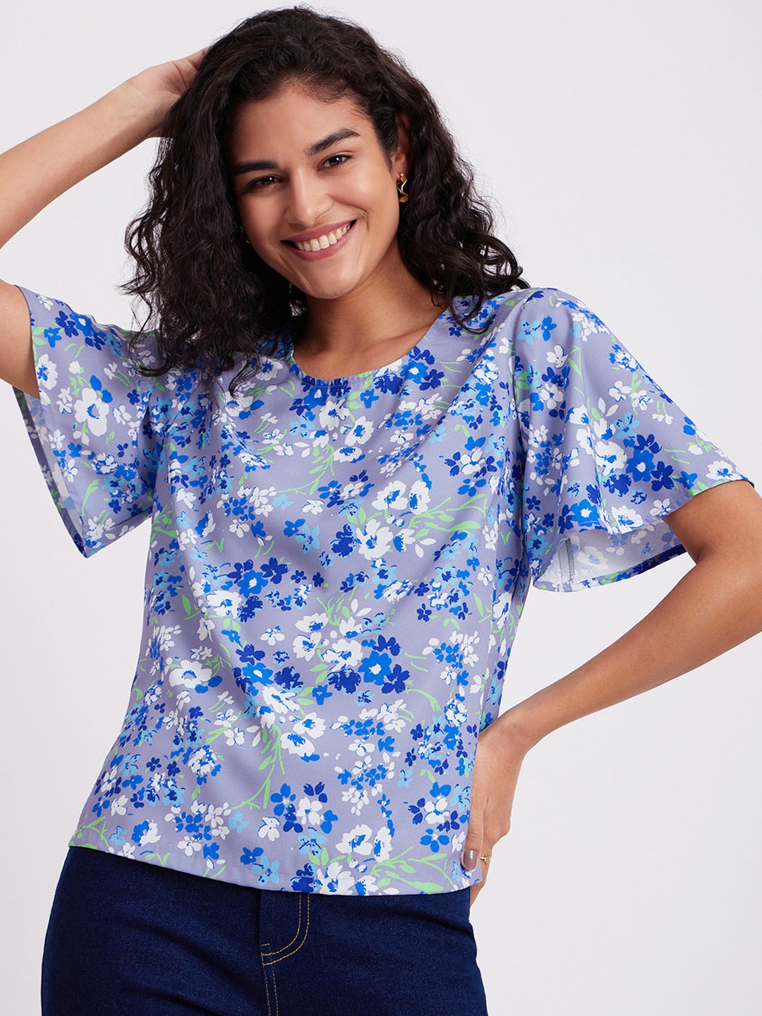

FableStreet Floral Printed Flared Sleeve Top, Grey