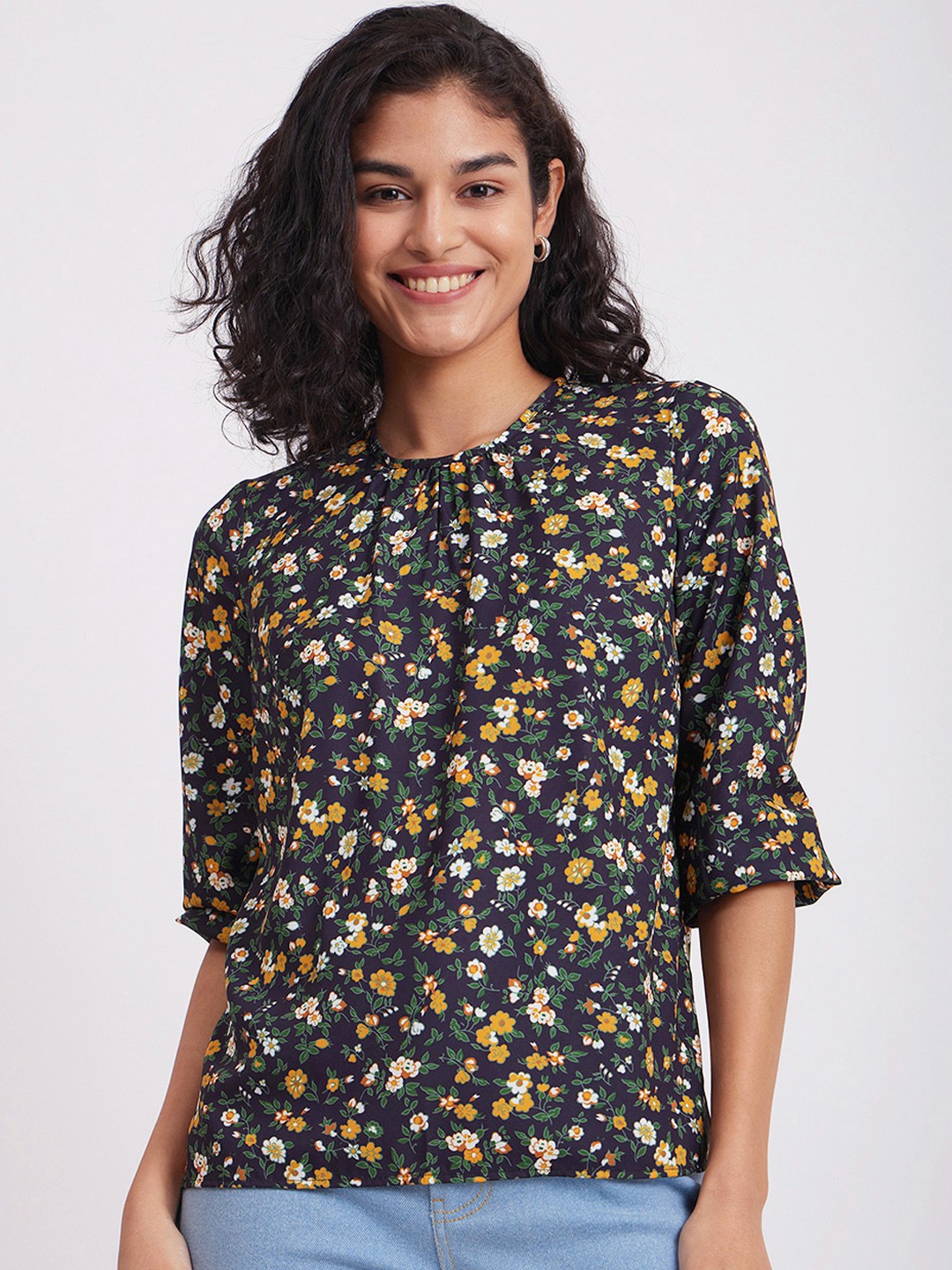 

FableStreet Navy Blue Floral Print Top