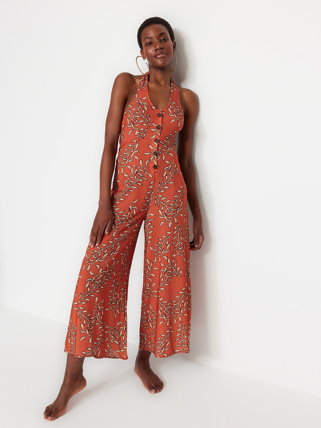 

Trendyol Floral Printed Halter Neck Basic Jumpsuit, Brown