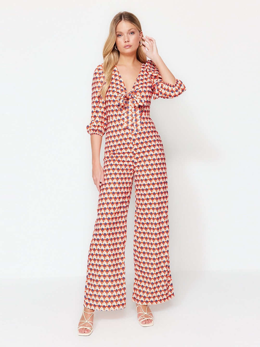 

Trendyol Floral Printed Basic Jumpsuit With Tie-Up, Orange