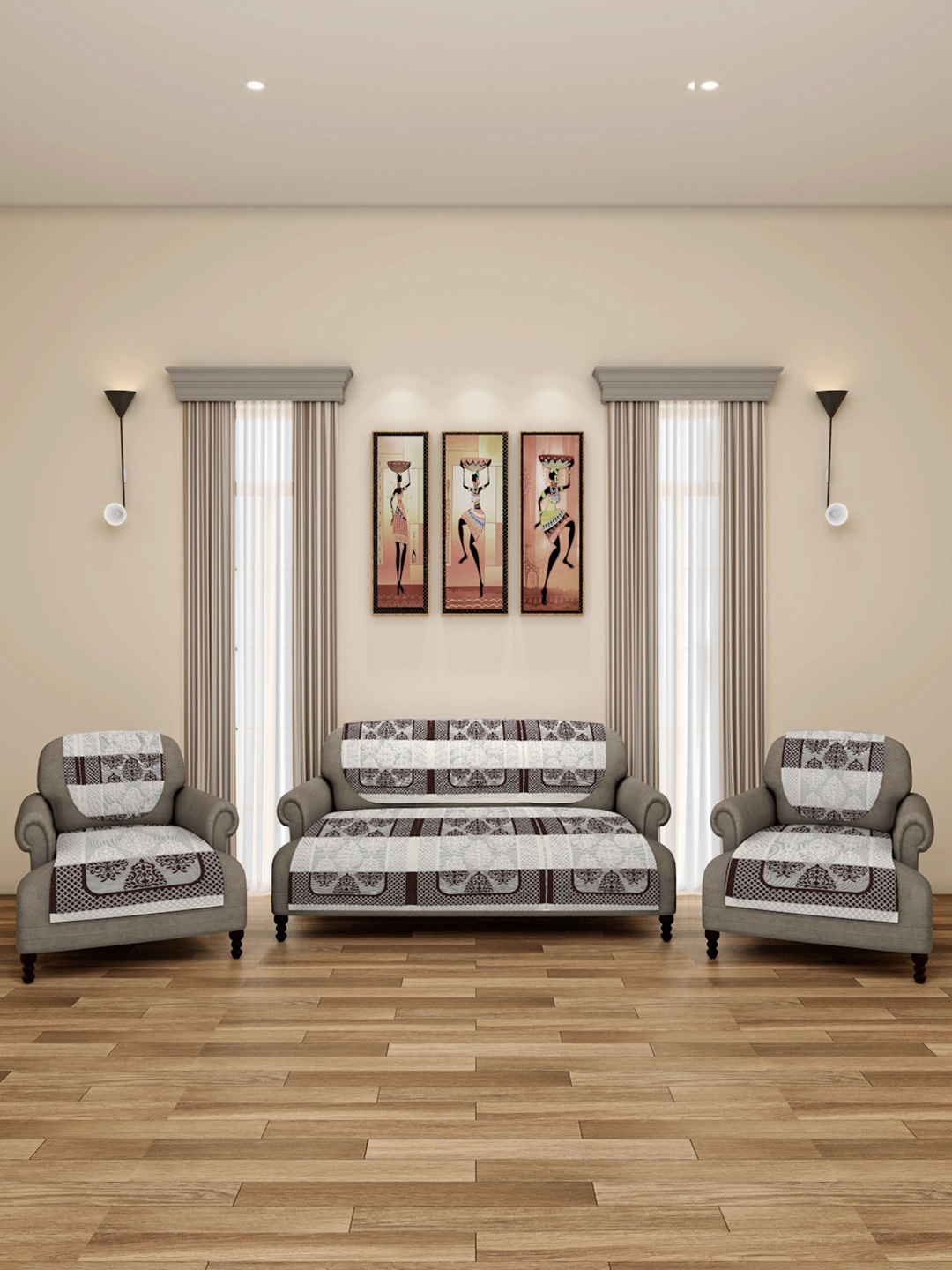 

ROMEE Brown & Beige Damask Printed 5-Seater Net Sofa Cover