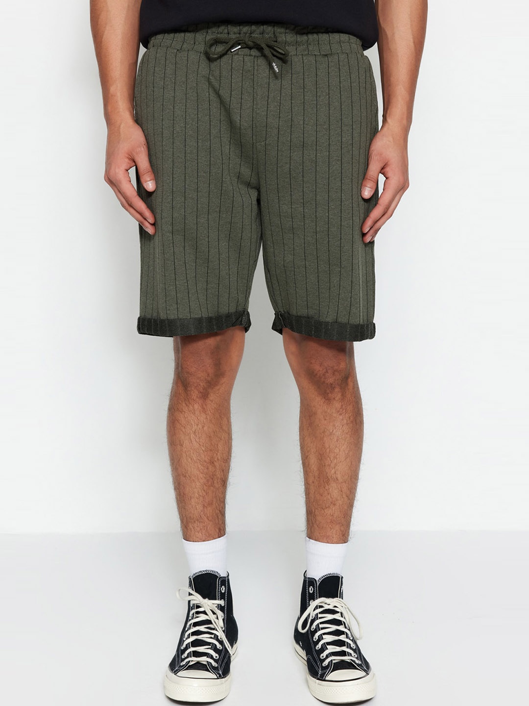 

Trendyol Men Mid-Rise Striped Casual Shorts, Olive
