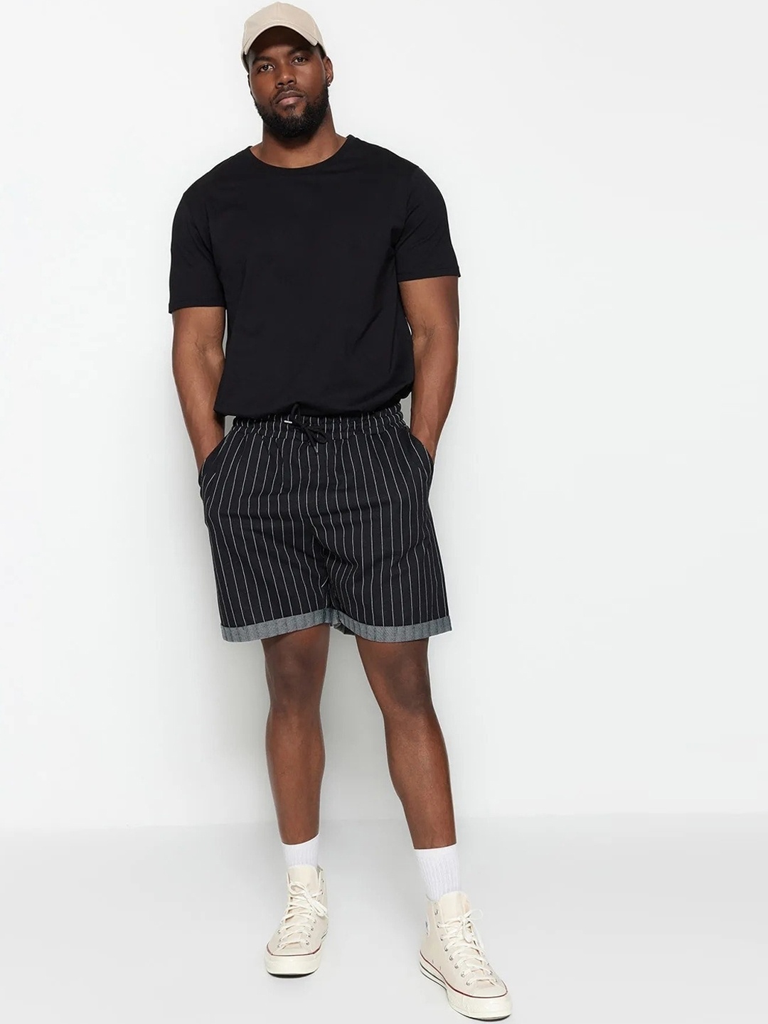 

Trendyol Men Striped Mid-Rise Knee Length Shorts, Black