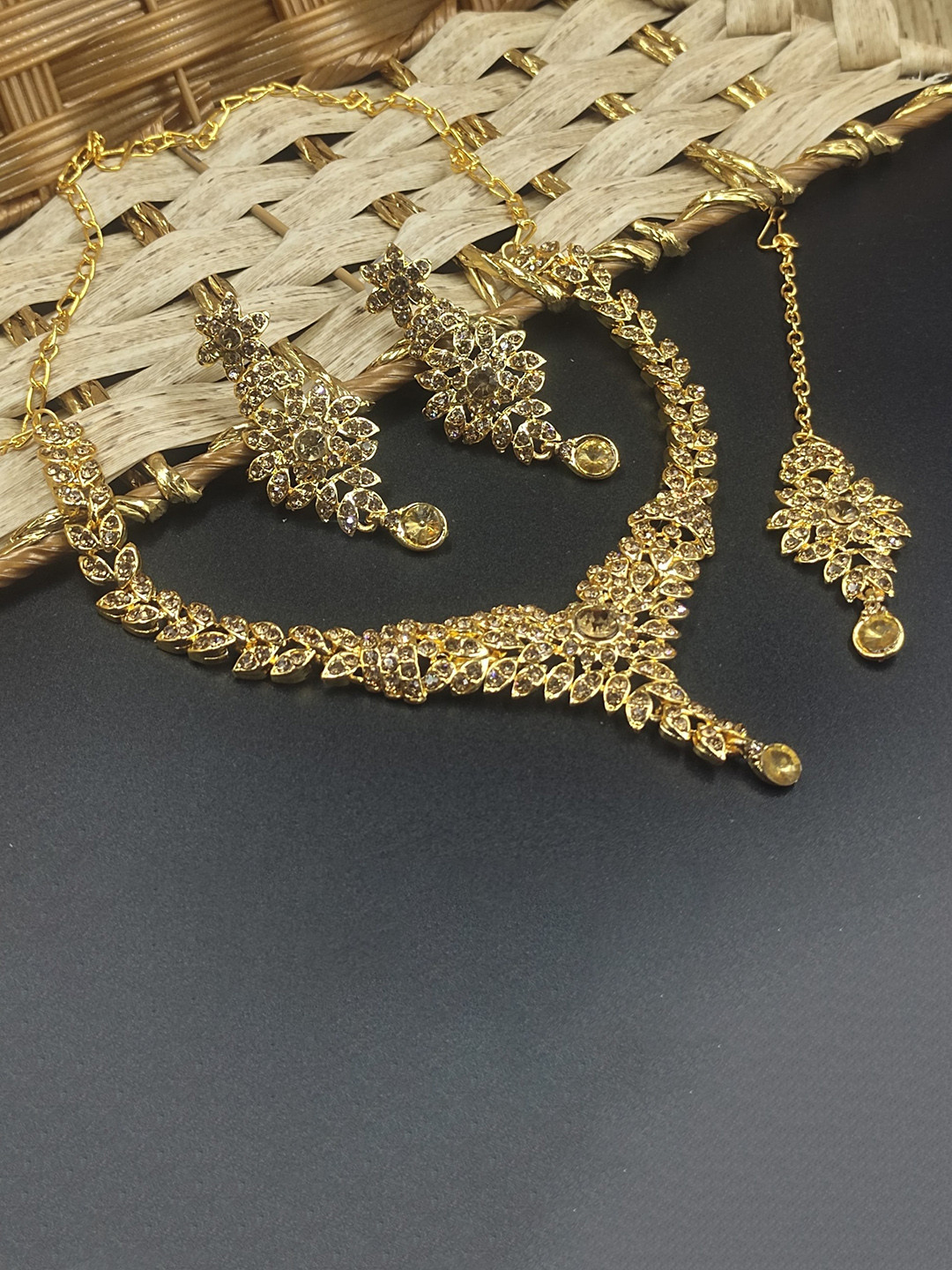

Rhymee Gold-Plated Diamond Studded Choker Necklace & Earrings With Maang Tika