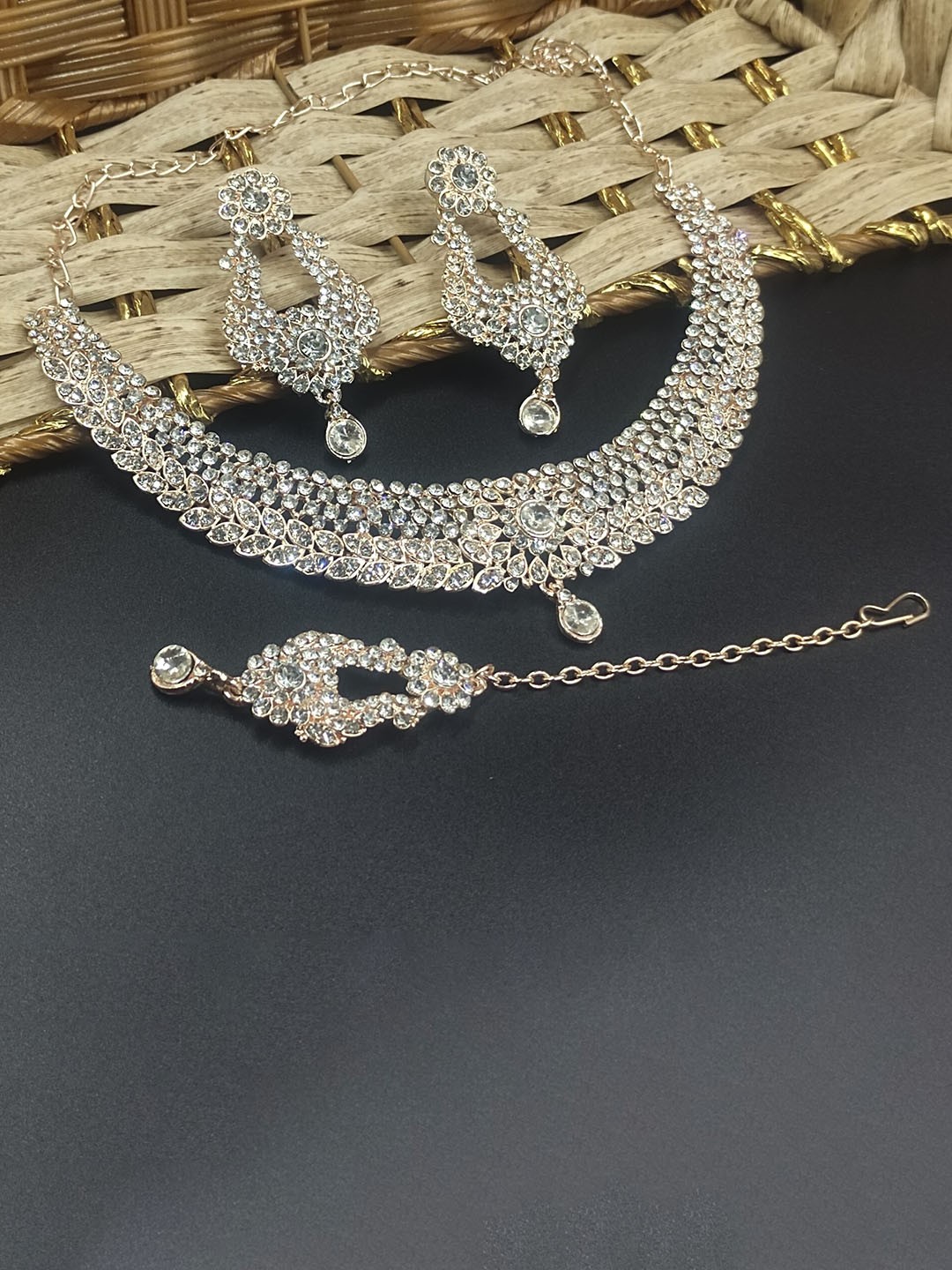 

Rhymee Gold-Plated Diamond Studded Necklace & Earrings With Maang Tika