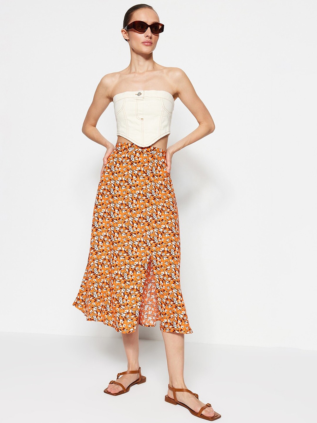 

Trendyol Floral Printed A-Line Midi Skirt, Orange