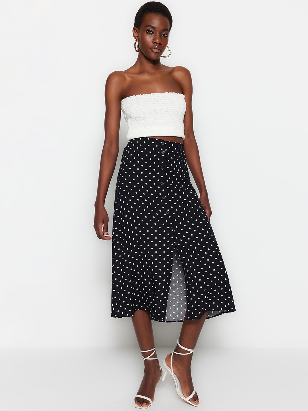 

Trendyol Polka Dots Printed A-Line Midi Skirt, Black