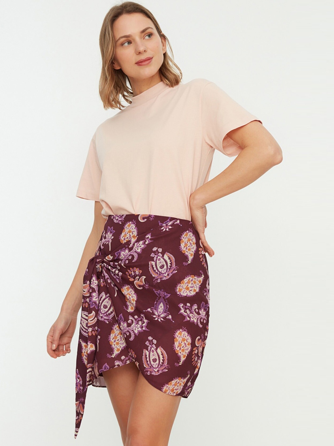 

Trendyol Printed Wrap Mini Skirt, Maroon