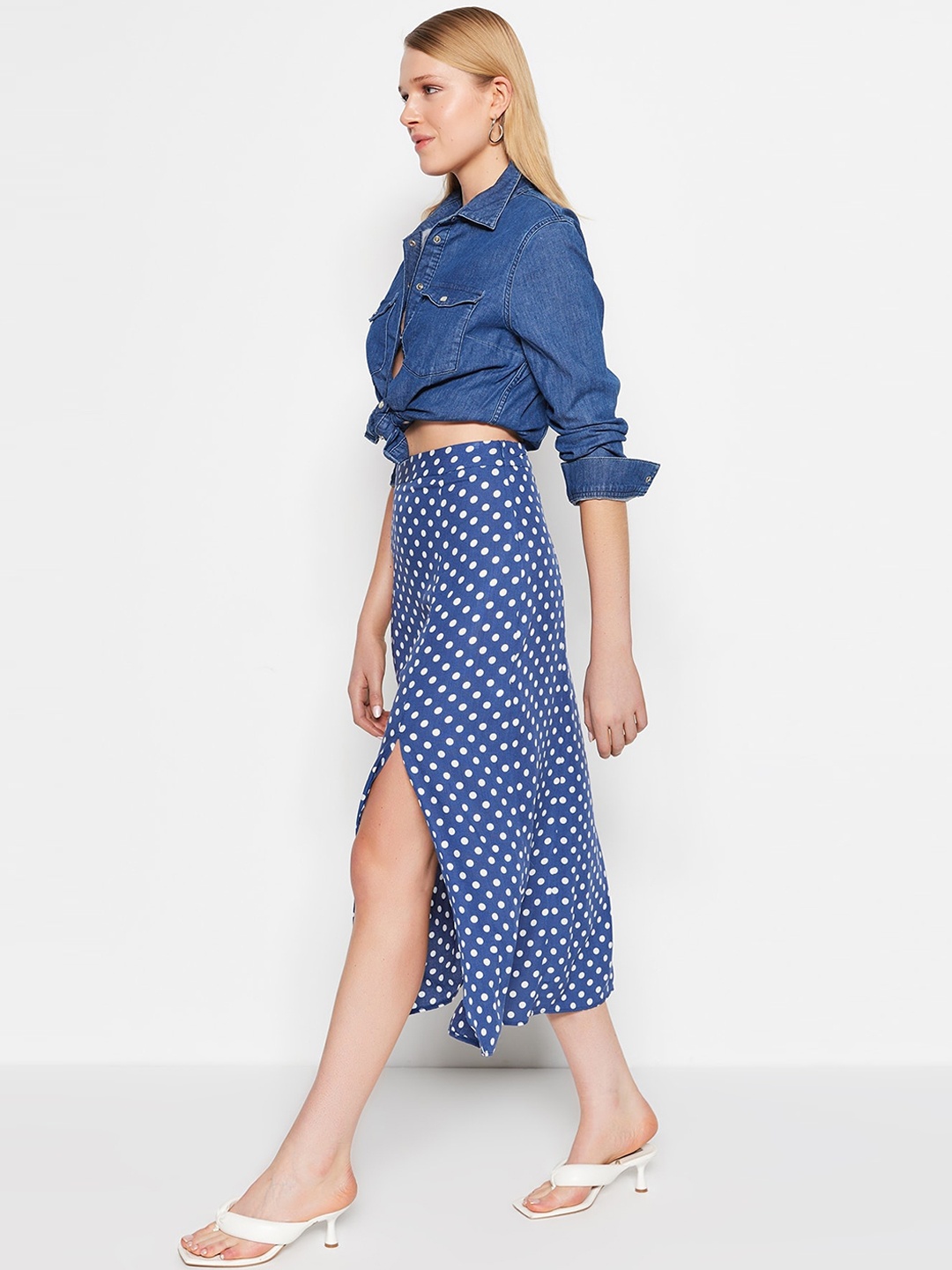 

Trendyol Polka Dot Printed Viscose A-line Skirt With Front Slit, Blue