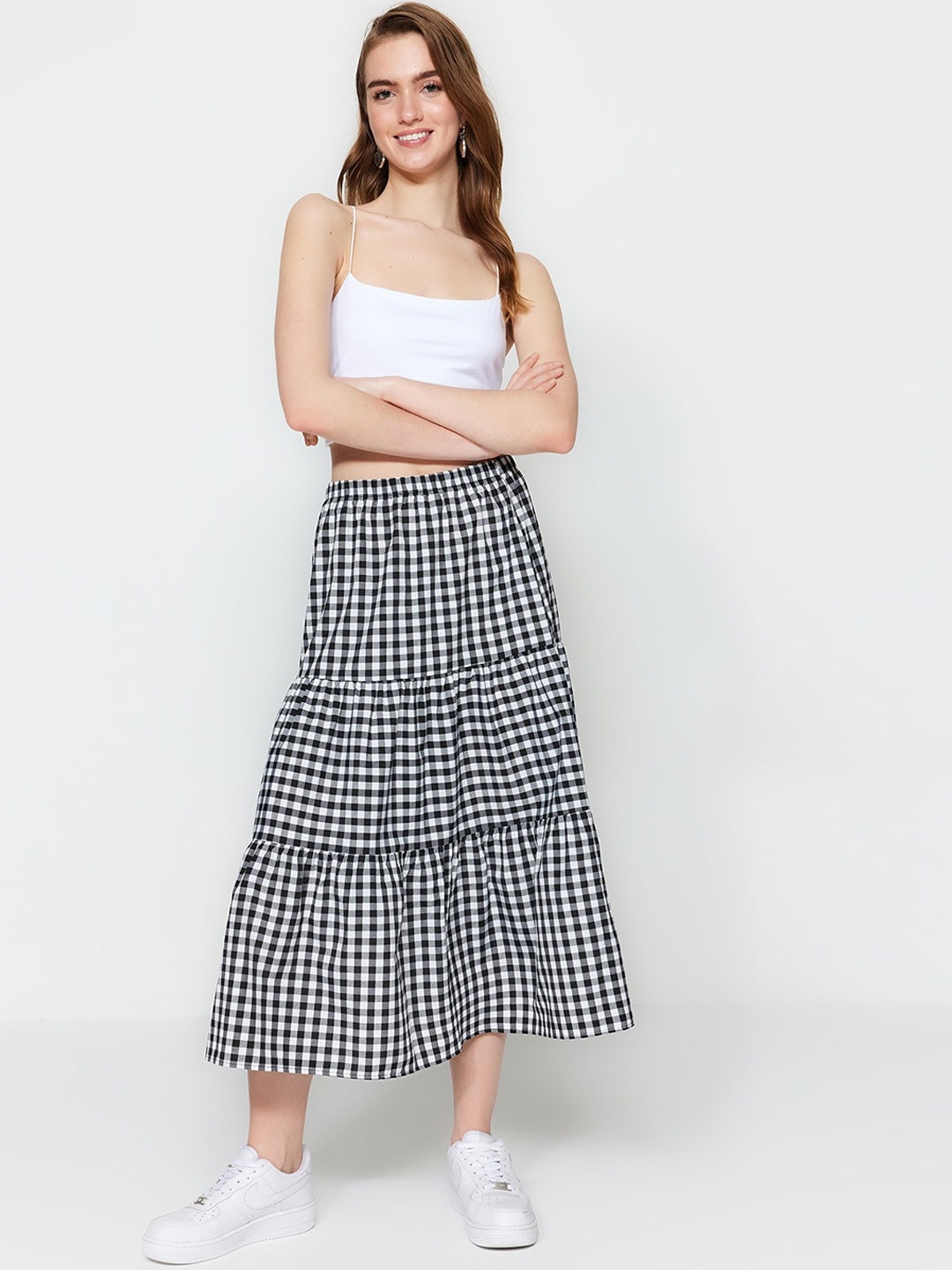 

Trendyol Checked Cotton Flared Tiered Midi Skirt, Black