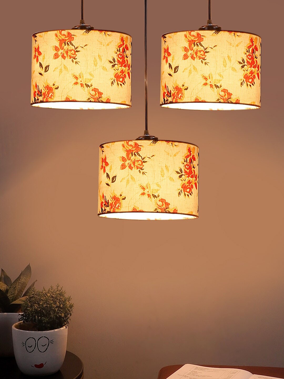

Devansh White & Red Floral Printed Cotton Shade Round Drum Cluster Ceiling Lamp