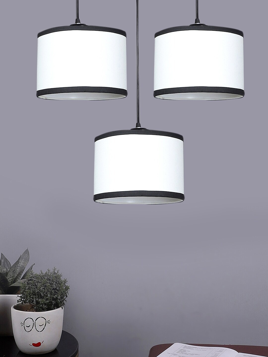 

Devansh White & Black Cotton Shade Round Drum Cluster Hanging Lamp