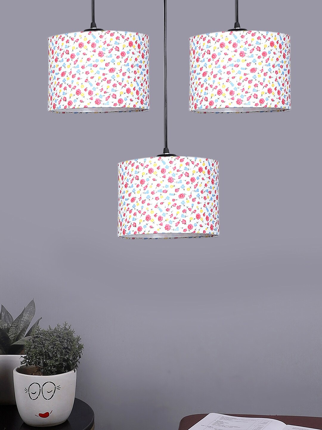 

Devansh White & Pink Floral Printed Shade Round Drum Cluster Hanging Lamp