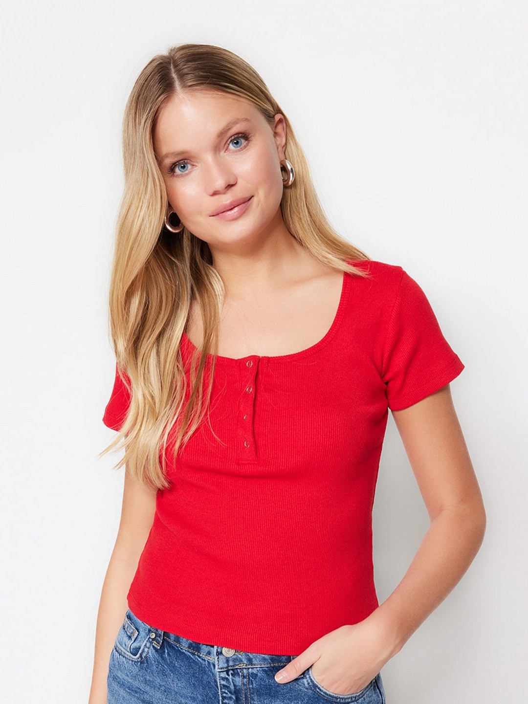 

Trendyol Self Design Scoop Neck Top, Red
