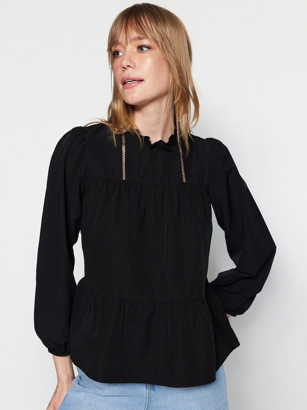

Trendyol High Neck Puff Sleeves Peplum Top, Black