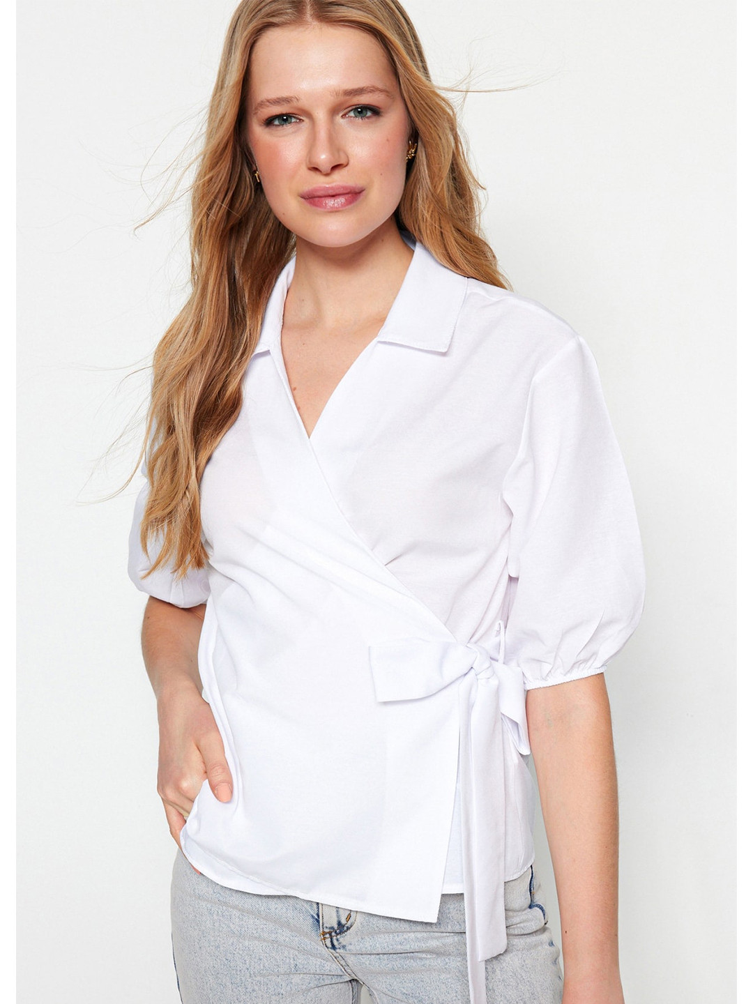 

Trendyol Shirt Collar Puff Sleeves Wrap Top, White