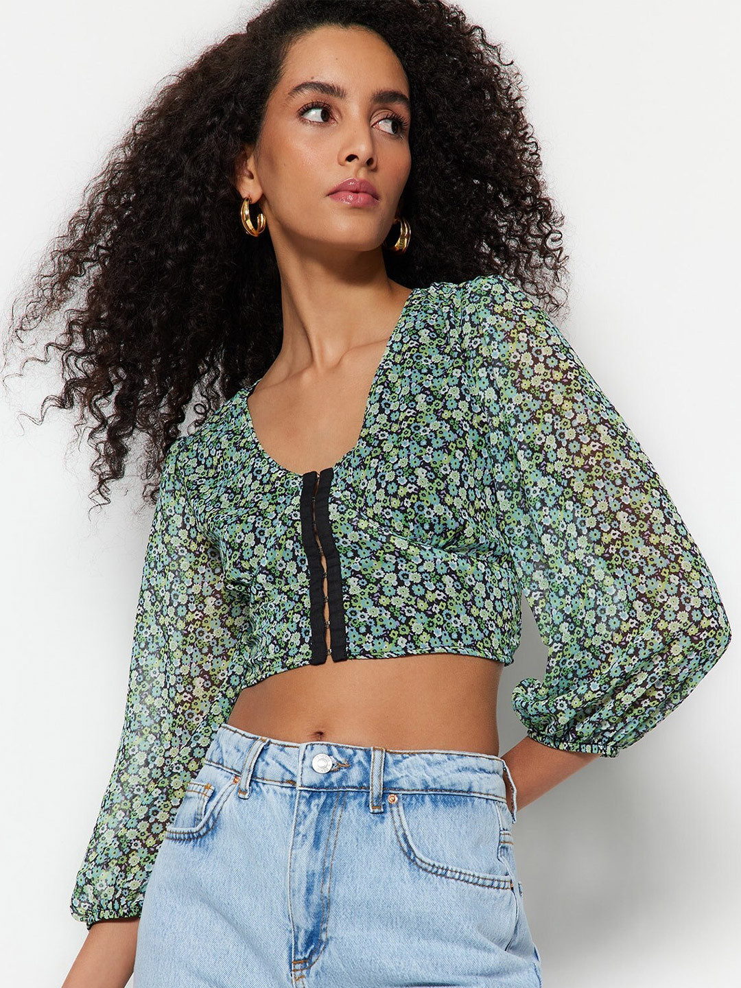 

Trendyol Floral Print Puff Sleeves Crop Top, Blue