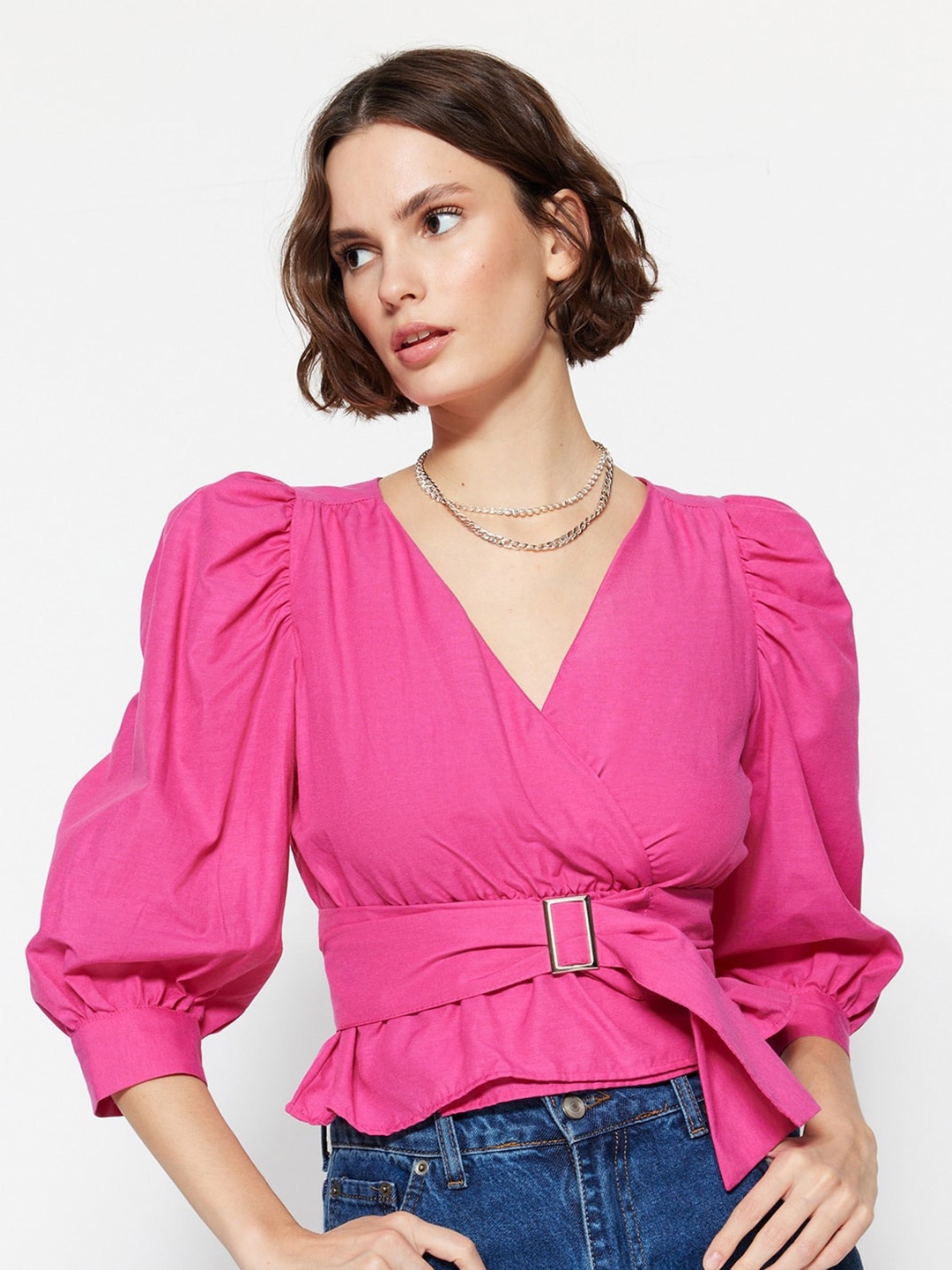 

Trendyol Puff Sleeve Cotton Cinched Waist Top, Fuchsia