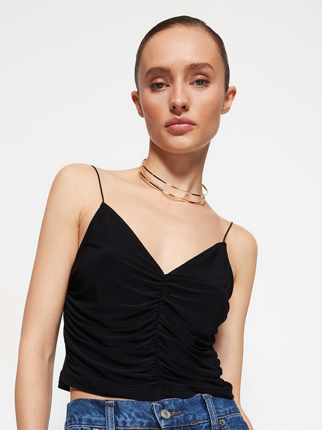 

Trendyol Shoulder Straps Ruched Crop Top, Black