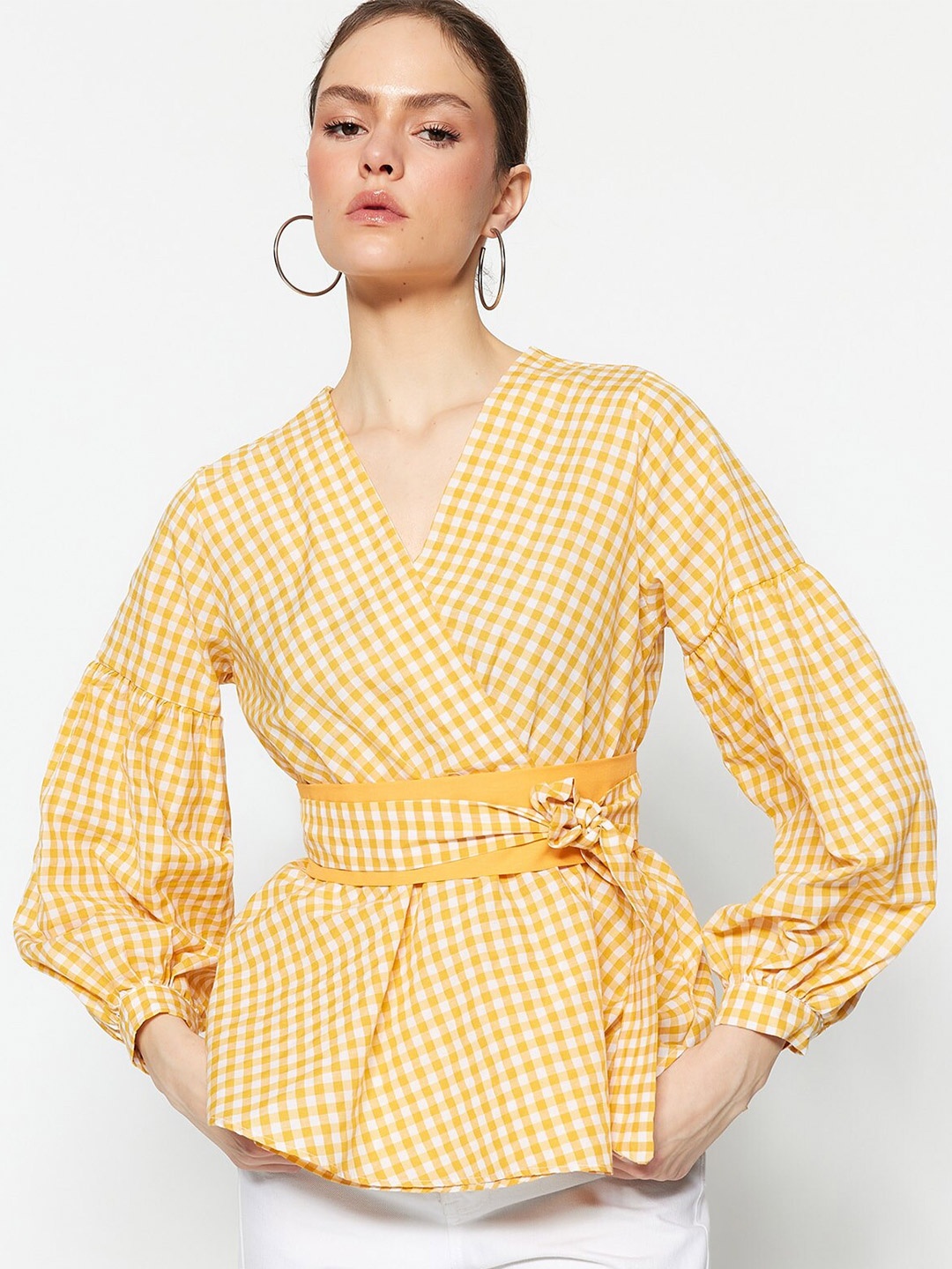 

Trendyol Checked Puff Sleeve Wrap Top, Yellow