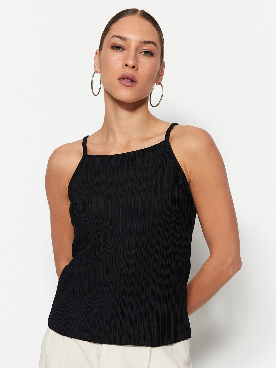 

Trendyol Shoulder Straps Self Design Top, Black