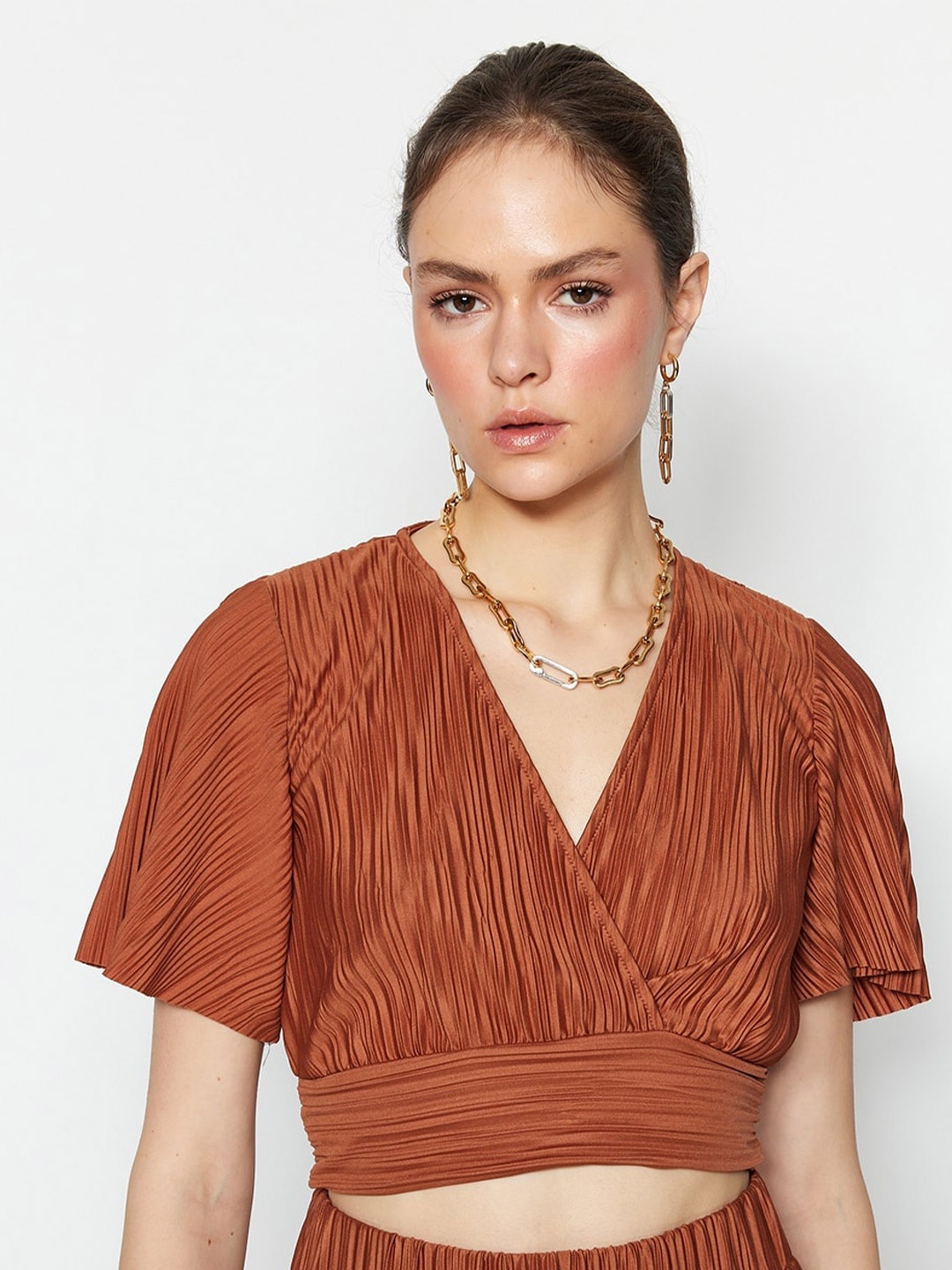 

Trendyol Self Design Wrap Crop Top, Brown