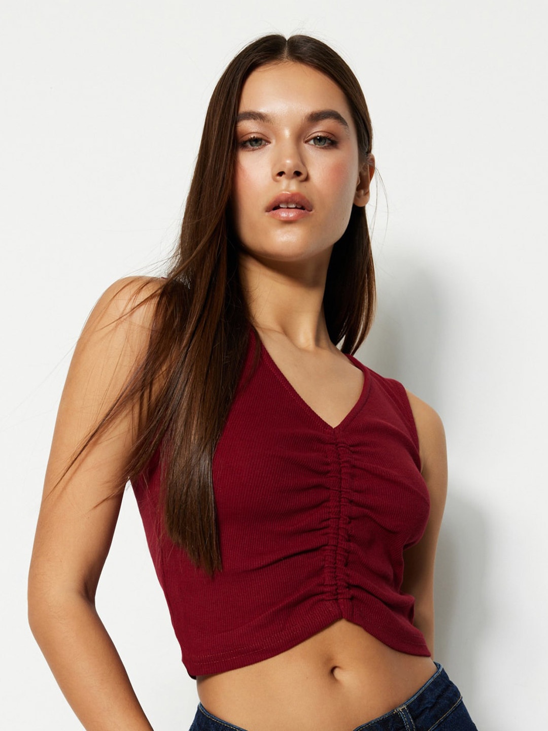 

Trendyol V-Neck Ruched Fitted Crop Top, Maroon