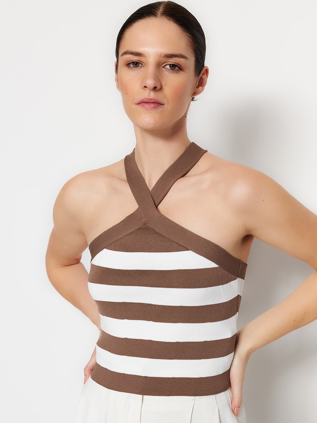 

Trendyol Horizontal Striped Halter Neck Fitted Top, Brown