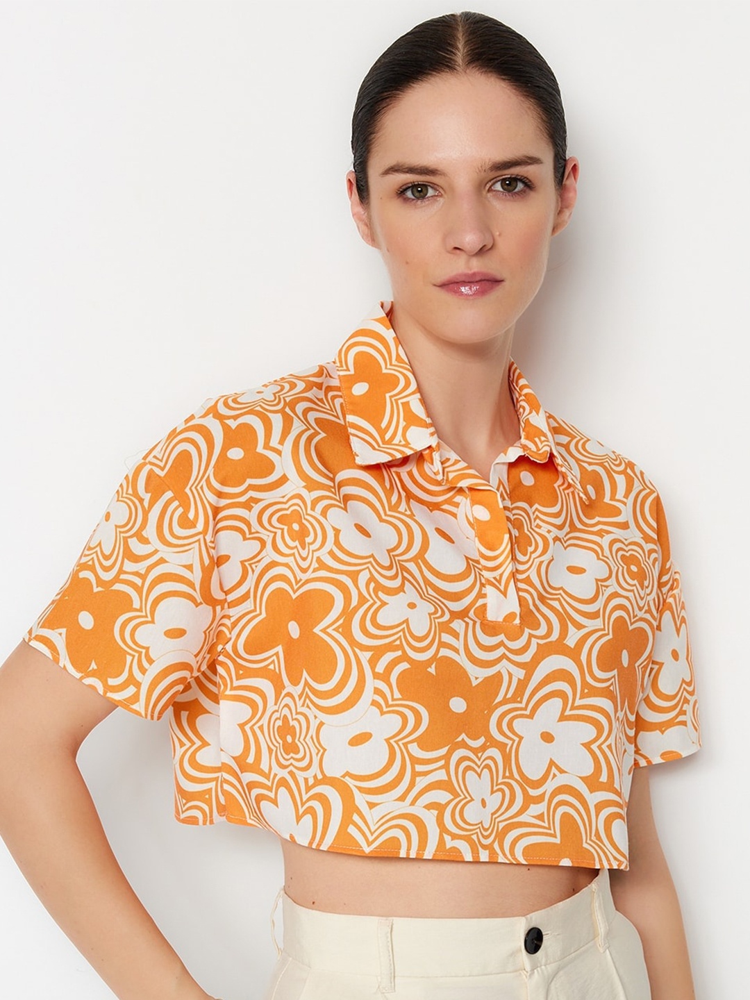 

Trendyol Floral Printed Pure Cotton Shirt Style Crop Top, Orange