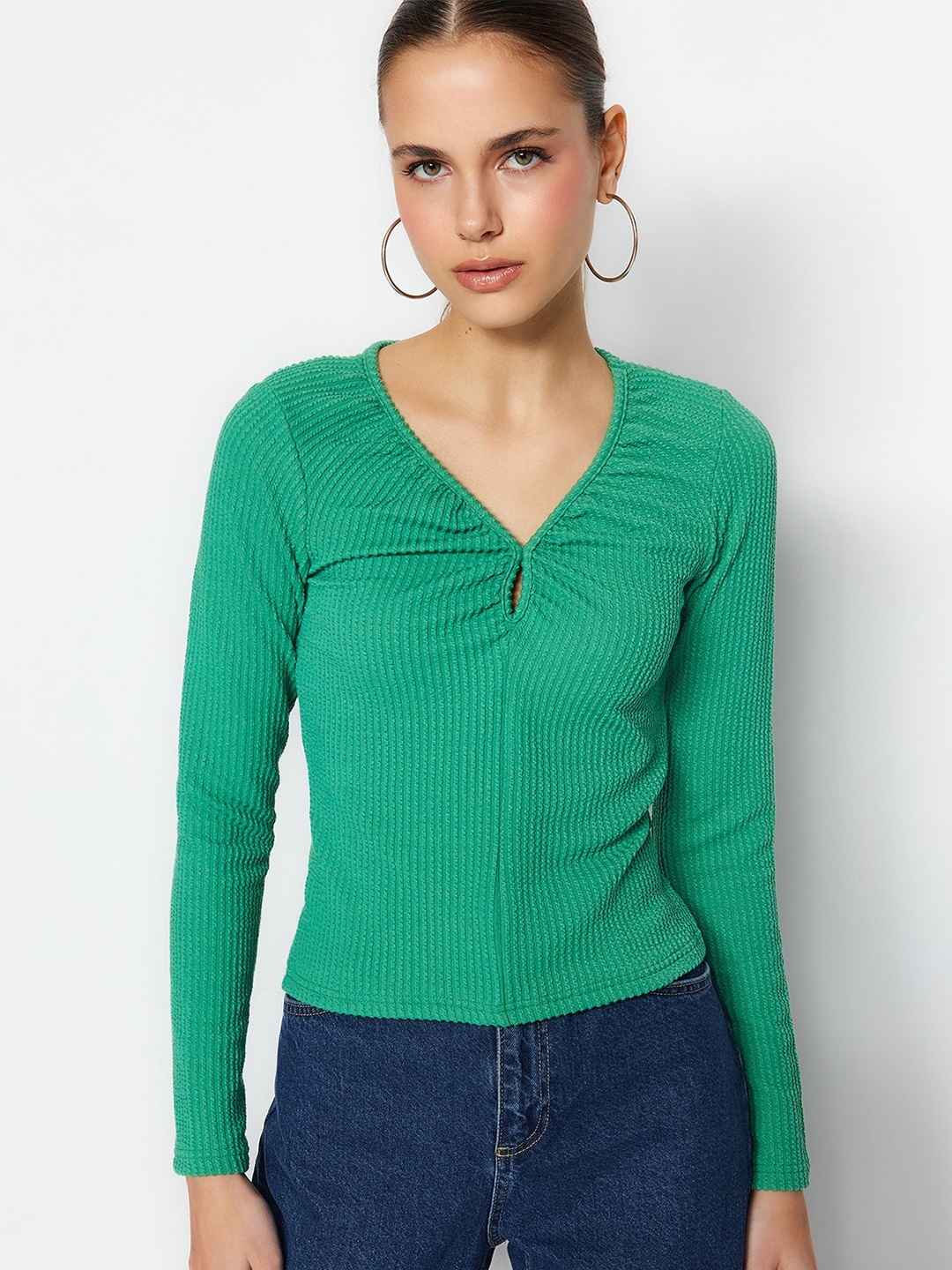 

Trendyol Self Design Keyhole Neck Regular Top, Green
