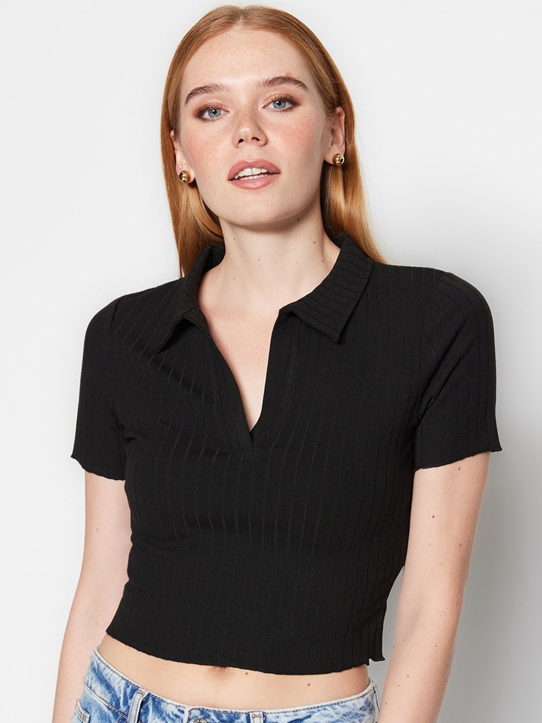 

Trendyol Shirt Collar Ribbed Crop Top, Black