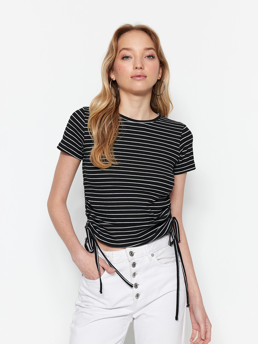 

Trendyol Striped Ruched Casual Top, Black