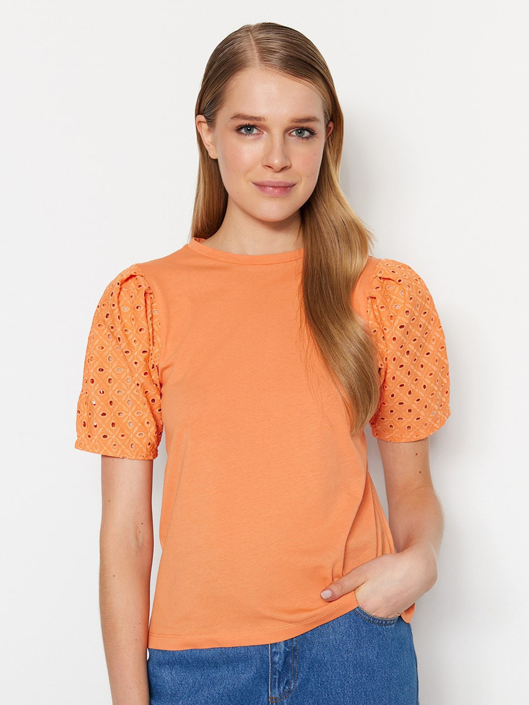 

Trendyol Puff Sleeves Self Designed Pure Cotton Top, Orange