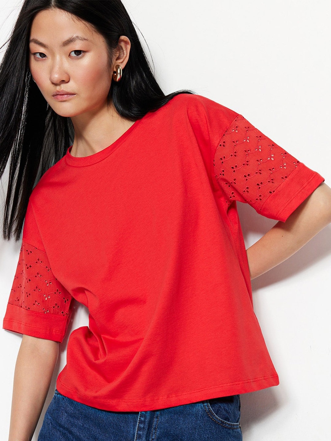 

Trendyol Puff Sleeves Self Designed Pure Cotton Top, Red