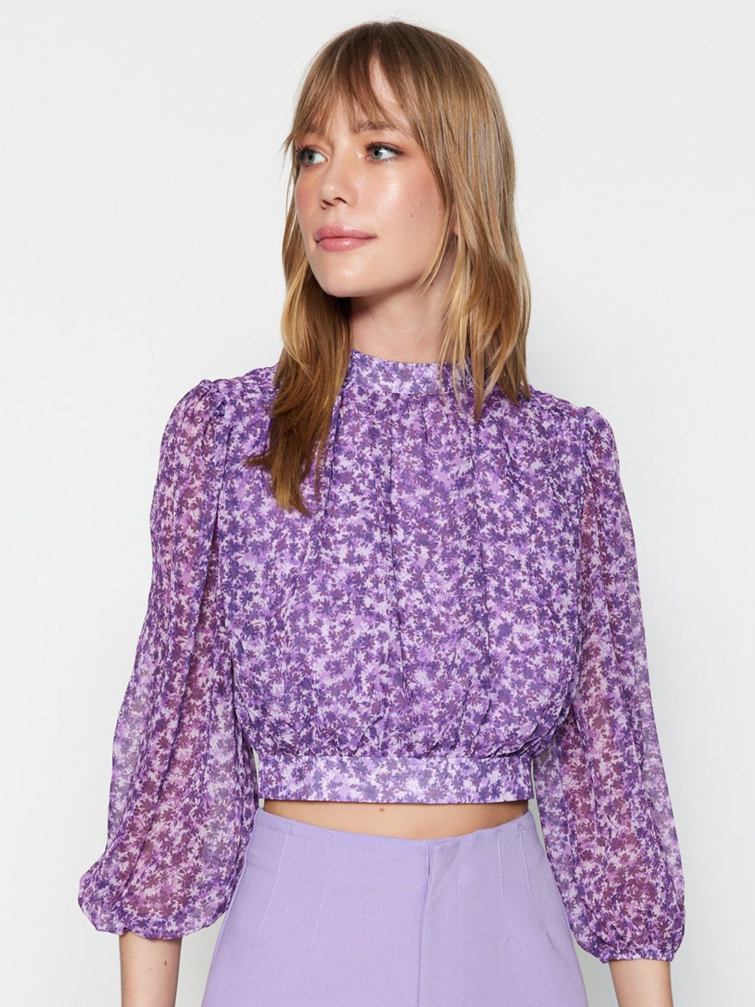 

Trendyol Floral Printed Puff Sleeve Blouson Crop Top, Purple