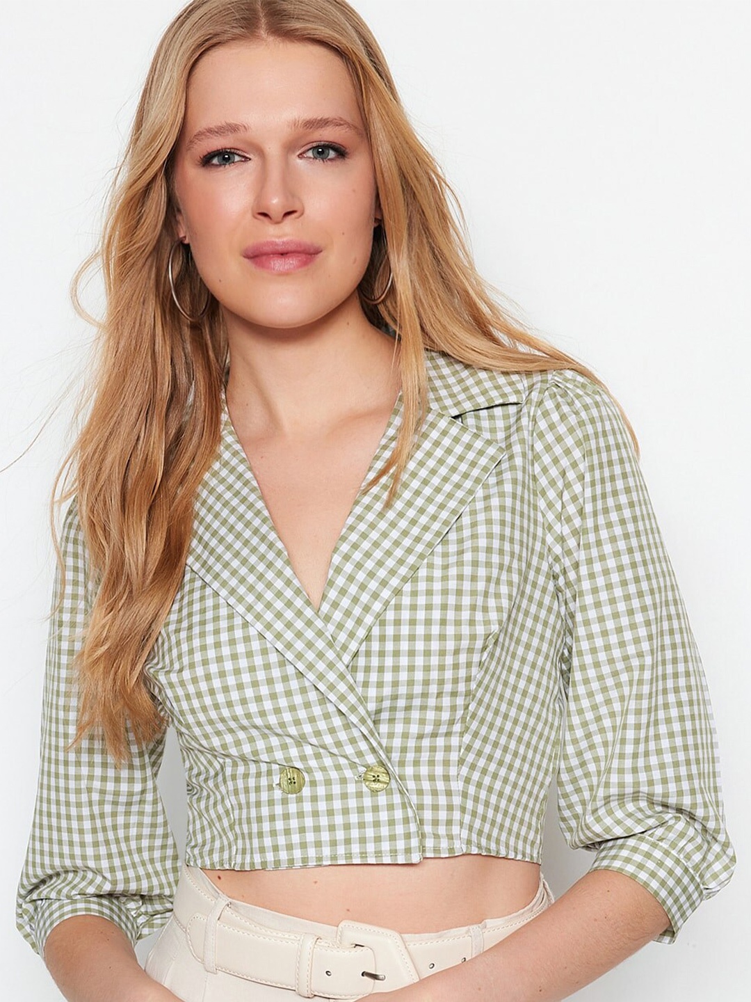 

Trendyol Checked Notched lapel Double Breasted Crop Blazer, Na