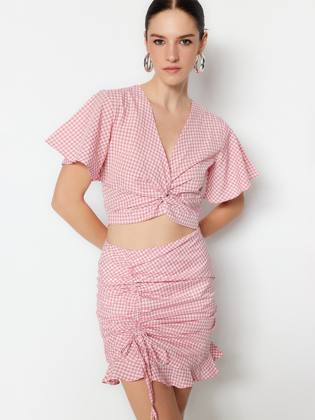 

Trendyol Checked Flared Sleeve Crop Top, Pink