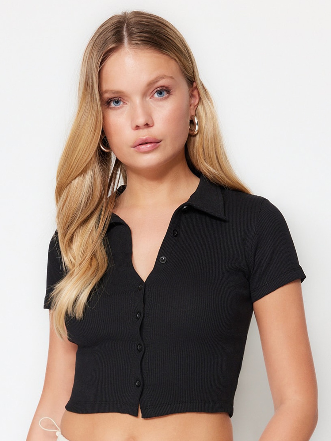 

Trendyol Shirt Collar Short Sleeves Shirt Style Crop Top, Black