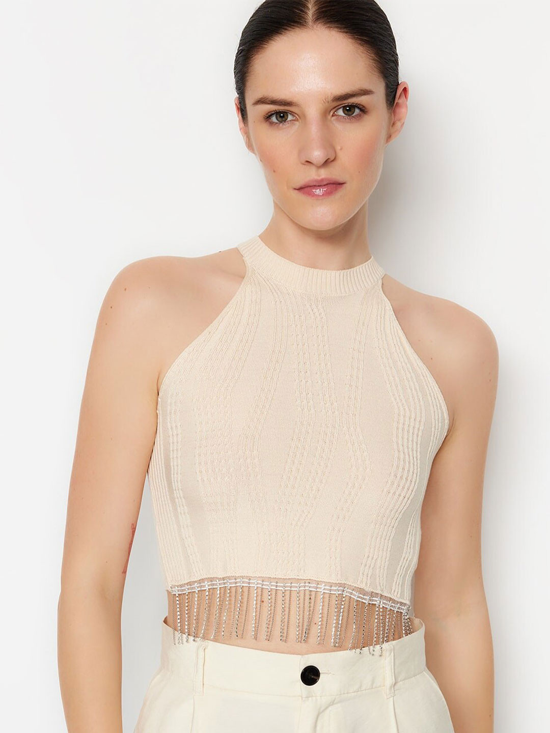 

Trendyol Halter Neck Sleeveless Fitted Crop Top, Beige