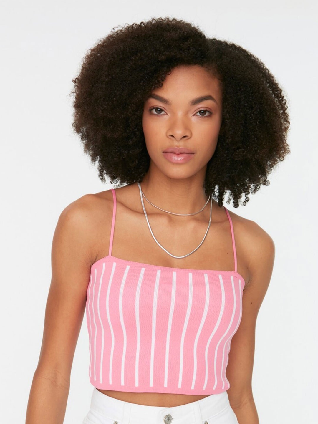 

Trendyol Striped Shoulder Straps Crop Top, Pink