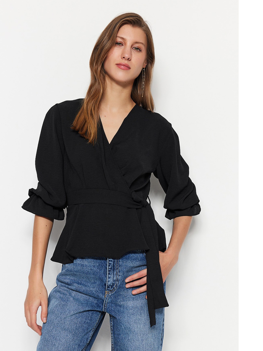 

Trendyol Puff Sleeve Wrap Top, Black