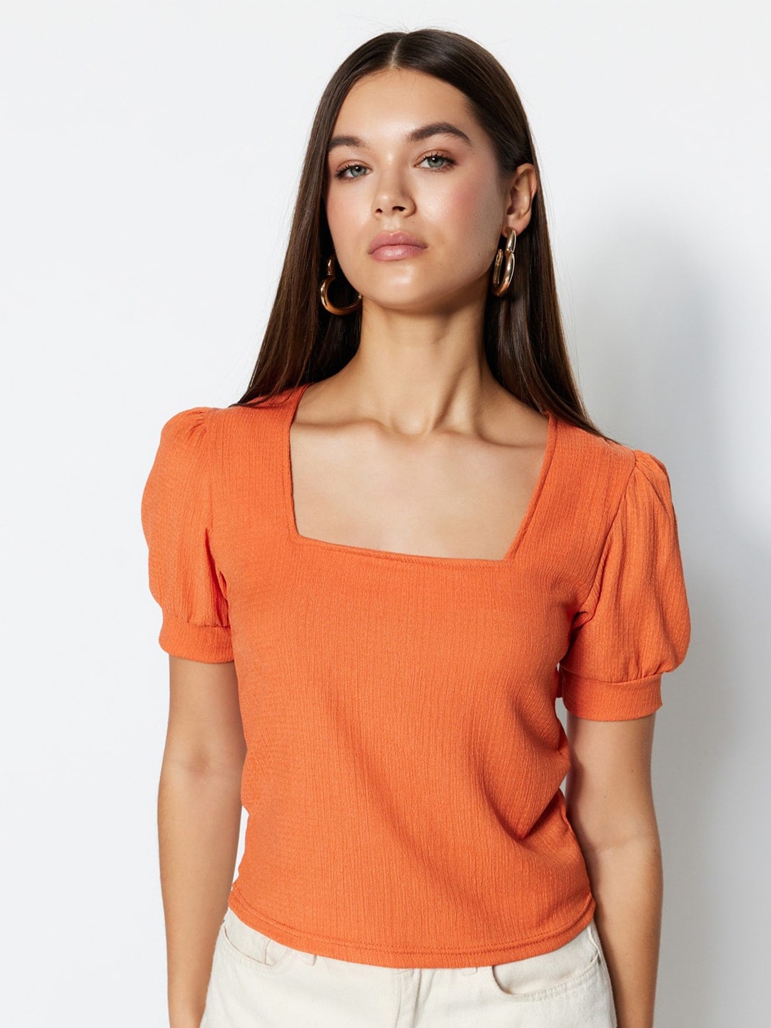 

Trendyol Square Neck Puff Sleeves Knitted Top, Orange