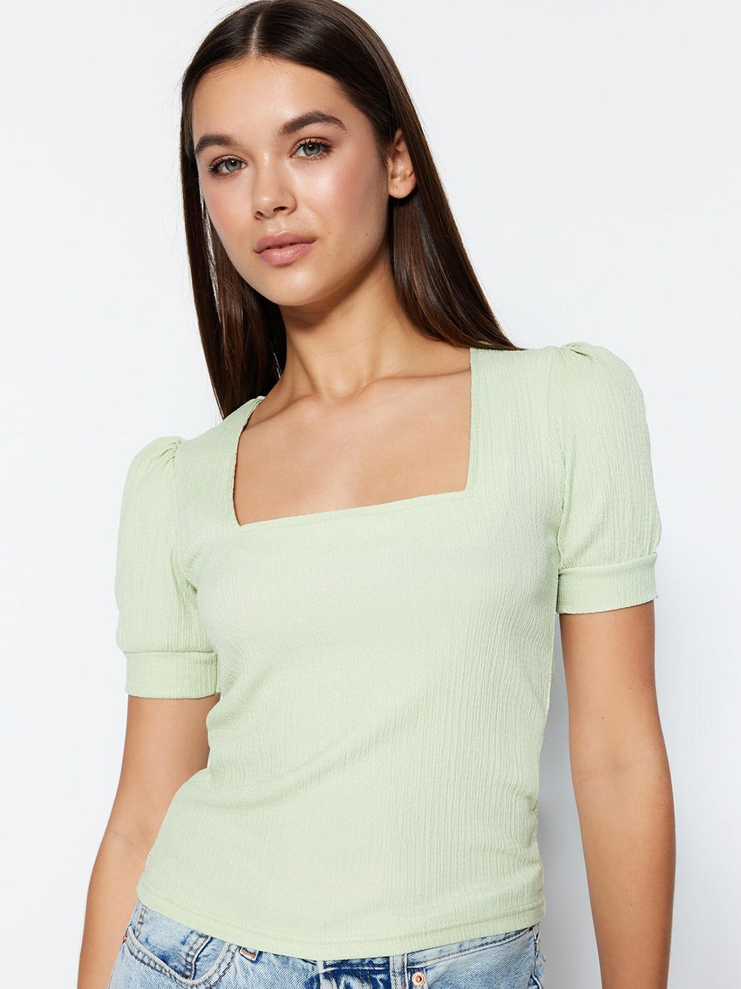 

Trendyol Puff Sleeves Square Neck Regular Top, Green