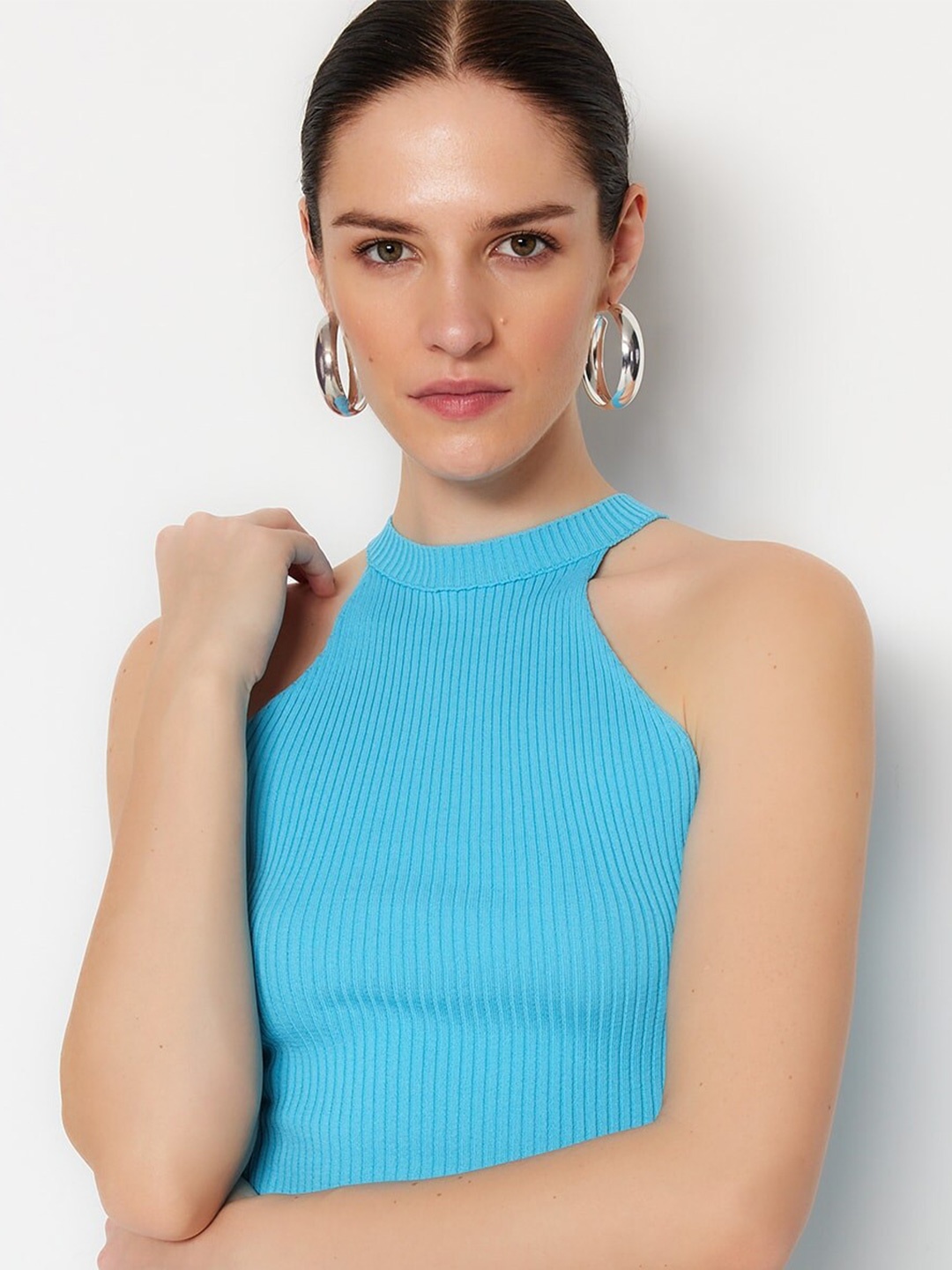 

Trendyol Striped High Neck Sleeveless Acrylic Tank Top, Blue