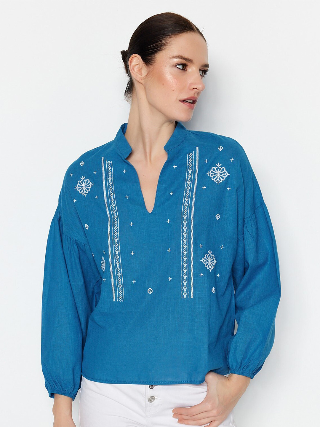 

Trendyol Floral Embroidered Mandarin Collar Cotton Regular Top, Blue